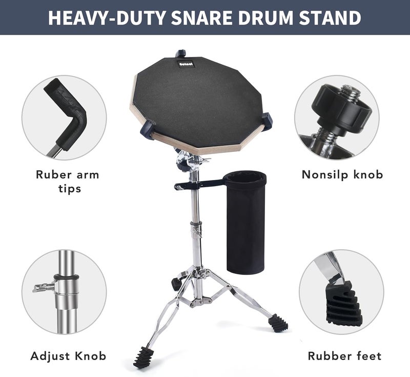 Seteol Drum Practice Pad Set, 12 Inch Double Sided Silent Drum Pad with Storage Bag + Adjustable Snare Drum Stand with Carry Bag + 2 Pair Drum Sticks with Drumstick Holder, Fits 10"-14" Drums (Black) - Image 5